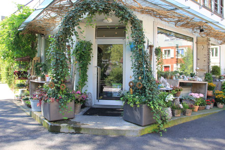 Eingang des Blumenladens mit grünem Bogen